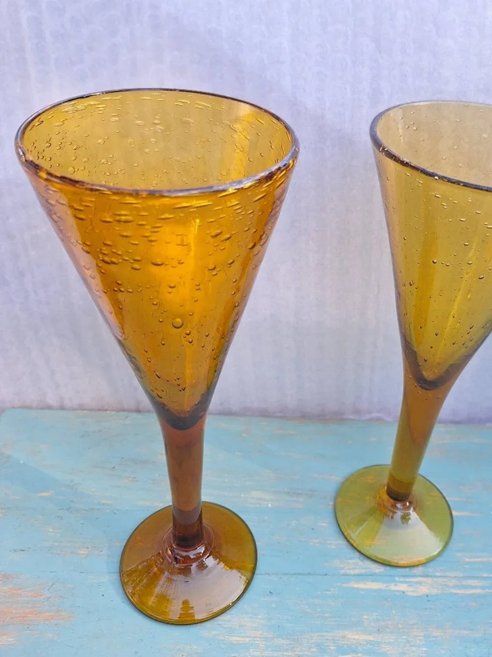 Vintage Wine Goblets Bubbles Hand Blown Glass Gold Bronze Color Pair His and Her - Picture 4 of 16
